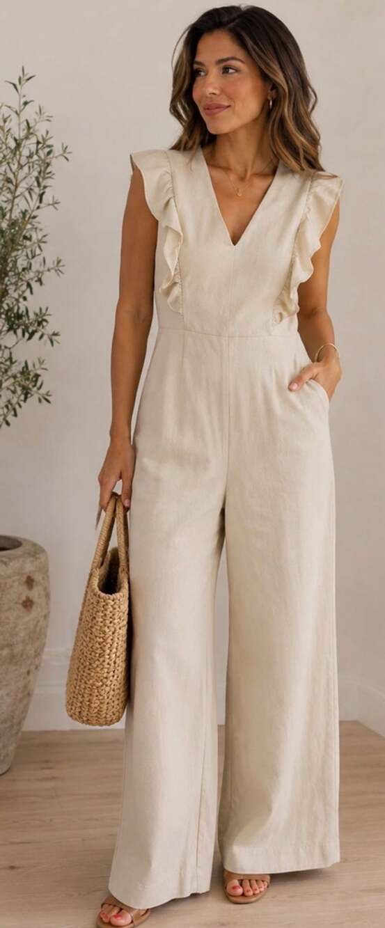 En Saison Cream Ruffle Sleeve V-Neck Jumpsuit